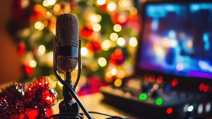 Holiday podcast recording with festive backdrop