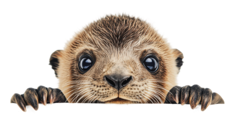 Curious seal pup peeking over white surface, cut out - stock png.