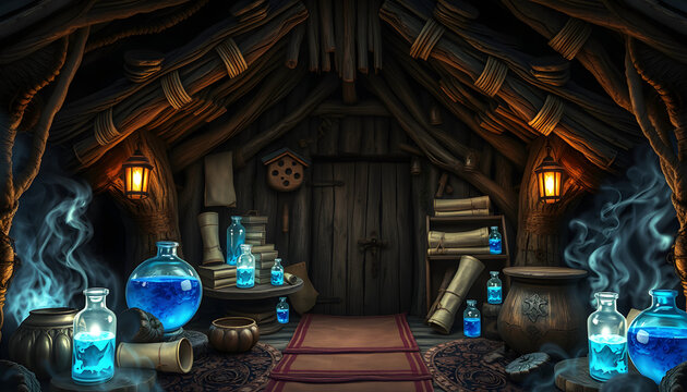 Magical witch hut full of scrolls and blue potions with copy space for Halloween isolated with white highlights, png