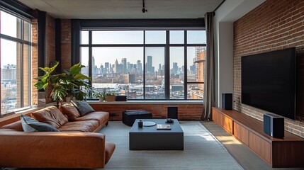 Fototapeta premium Modern loft apartment living room with city view, leather sofa, and entertainment system.