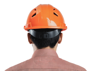 Worker wears safety helmet for construction site, cut out - stock png.