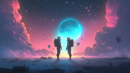 Fototapeta premium Astronaut couple holding hands on a rocky planet under colorful sky in space