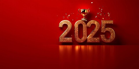 Shiny Gold 2025 Celebration Background with Trophy for Sports Achievement