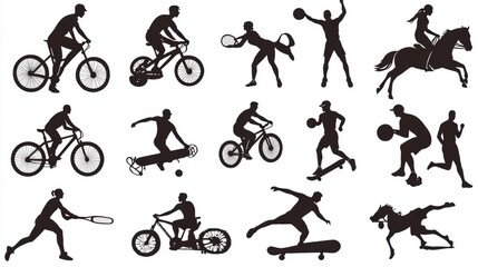 Naklejka premium Dynamic Sports Silhouettes Collection Featuring Biking, Horse Riding, Basketball, Tennis, Skateboarding, Running, and More Activities in a Varied Athletic Theme