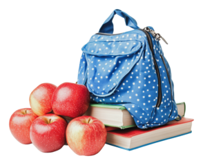 Backpack and apples stacked on school books, cut out - stock png.