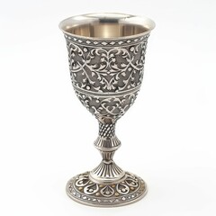 A beautifully ornate silver goblet featuring intricate floral designs, perfect for ceremonial use or as a decorative piece.