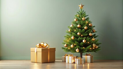 Minimalist Christmas Tree Golden Gift Box AI Photo, Festive Decor, Modern Christmas
