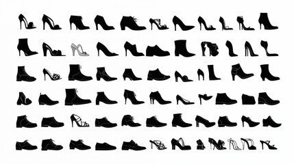 A Collection of Stylish Footwear Silhouettes Featuring Diverse High Heels, Ankle Boots, Sandals, and Other Elegant Shoe Designs for Fashion and Lifestyle Projects