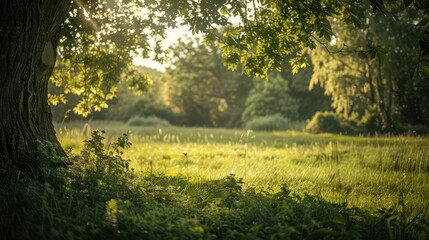 Obraz premium green and peaceful natural scenery seen from beside a large tree