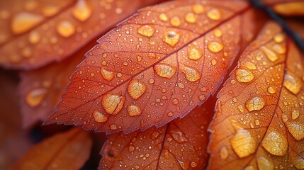 Close-up of orange leaves with water droplets, highlighting nature's beauty and detail.