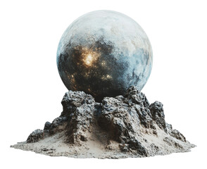 Fototapeta premium Planet resting on rocky surface in cosmic setting, cut out - stock png.