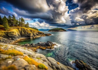 Fototapeta premium Scenic Tilt-Shift View of San Juan Island's Rocky Coast with Overcast Clouds, Coastal Serenity, and Natural Beauty