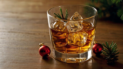 Whiskey on the rocks in rocks glass with ice, rosemary sprig, and Christmas ornaments on wooden table.