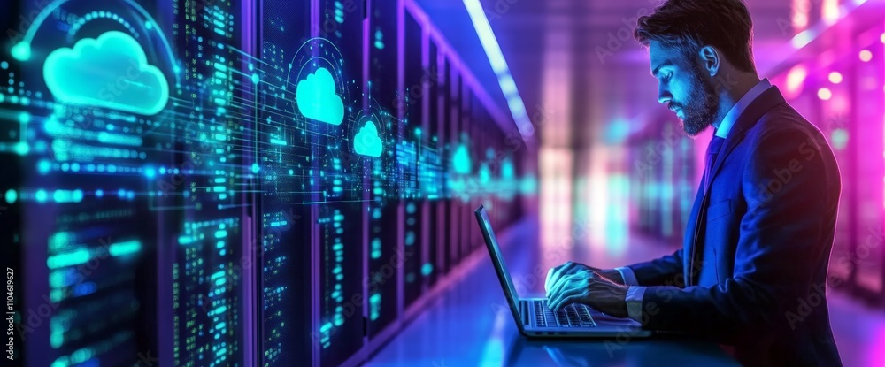Poster businessman in modern data center with laptop focused on cloud computing technology and digital infr