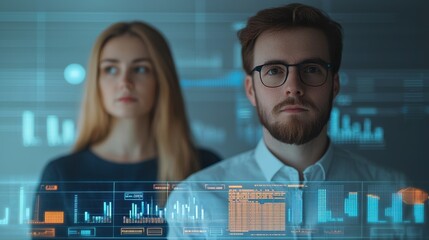 A focused portrait of a man and woman, with digital data overlays, highlighting themes of technology and analytics.