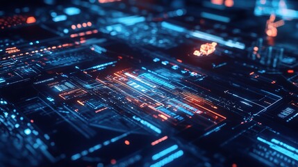 Obraz premium Futuristic Digital Technology Background with Neon Lights and Circuits