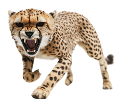 Cheetah displays aggression in wild encounter, cut out - stock png.