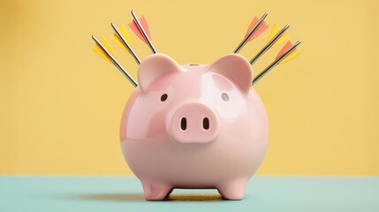 A cheerful piggy bank is pierced with colorful arrows, symbolizing financial challenges or setbacks against a vibrant yellow backdrop.