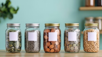A collection of glass jars filled with various seeds and coins, organized neatly on a shelf against a light green background.