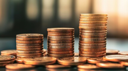 A close-up of stacked coins in varying heights, symbolizing wealth accumulation and financial growth against a blurred background.