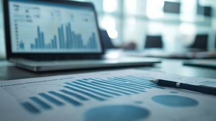 A close-up view of a laptop displaying graphs and charts, alongside printed data visuals, emphasizing a business analysis environment.