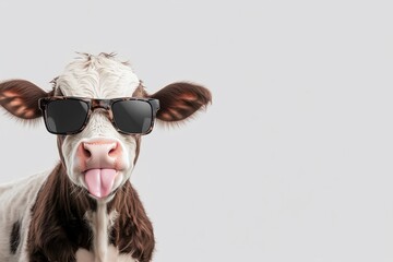 A humorous illustration of a cow with large ears and light brown fur wearing black sunglasses on a light background, giving the image a humorous and unique character