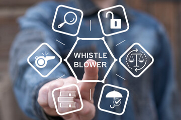 Person working on virtual touch screen presses text: WHISTLEBLOWER. Anonymous Whistleblower...