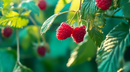 Red raspberry in garden. Branch of ripe raspberries, closeup. Red raspberries and green leaves,...