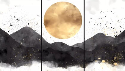 Abstract black and gold landscape with a golden moon. Vector set of three panel wall art prints, with watercolor splashes