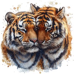 Obraz premium Watercolor Painting of Two Tigers Embracing, Symbolizing Love and Unity.