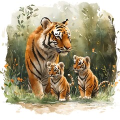 Obraz premium Watercolor Painting of a Majestic Tiger Mother with Two Adorable Cubs in a Lush Green Forest.