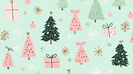 Pastel Christmas trees, presents, and snowflakes on a mint green background.