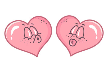 Valentine characters message kiss at each other. Flirting couple. Groovy hearts with Kissing lips. Doodle Hand drawn outline illustration in Retro style. Valentine's Day clipart. Vector illustration