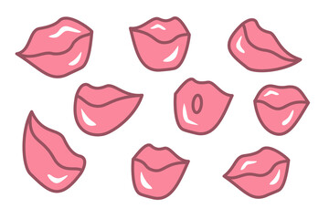 Set of cartoon lips icon  isolated on white bsckground. Lips Woman. Man or woman shape of mouth. Vector illustration for fashion industry, cosmetology, Valentine design