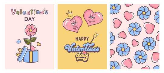 Valentine posters set. Happy Valentine's day. Groovy hippie love. Retro valentine cards in 60s 70s cartoon style. Couple of cute hearts, cupid arrow, flower in gift box, valentine text. Vector