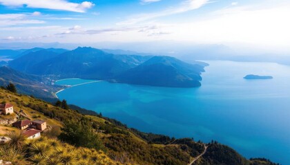 a view of a small village on a hill overlooking a body of water