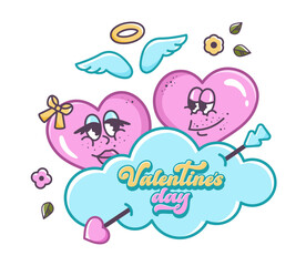 Valentine characters smile at each other. Flirting couple. Hand drawn outline template in Retro style. Valentines cupid. Funny Groovy hearts in cartoon style. Valentines text. Vector