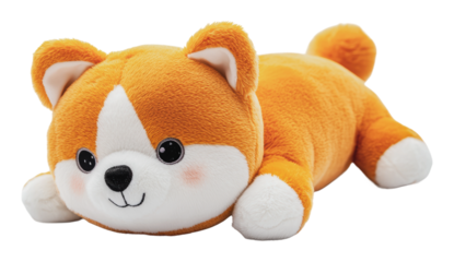 Cute plush corgi toy resting on a soft surface, cut out - stock png.