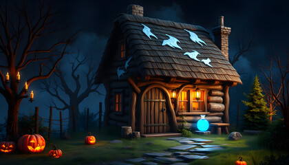 Fototapeta premium Witcher cottage with blue magic potion for Halloween isolated with white highlights, png