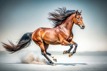 Fototapeta premium Vintage Style Photography of a Brown Horse Running Isolated on White Background, Capturing the Beauty and Grace of Equine Movement in a Timeless Aesthetic