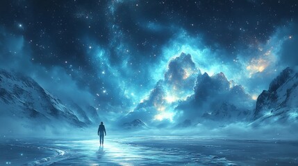 A Solitary Traveler Stands on a Frozen Lake Beneath a Stunning Night Sky Filled with Stars and Ethereal Cloud Formations in an Impressive Cosmic Landscape