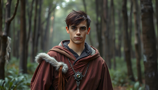 Young male cosplayer wearing sorcerer robes in the forest isolated with white highlights, png