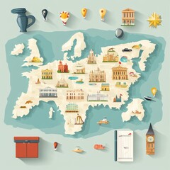 Naklejka premium Colorful Illustrated Map Featuring Famous Landmarks and Icons