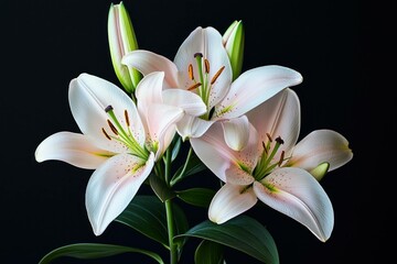 Obraz premium Beautiful white lilies with soft pink accents against a dark background, showcasing their delicate petals and vibrant green leaves. Floral elegance and nature concept.