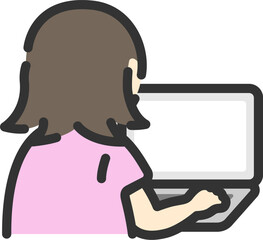 ノートパソコンを使う、後ろ姿の女性のアイコン（線画カラー）のイラスト