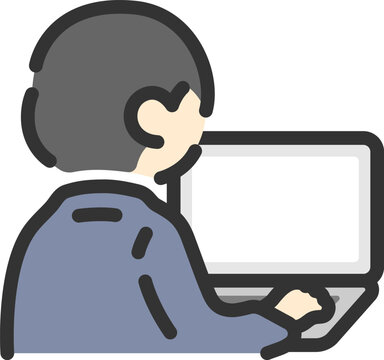 recommend clip art: ノートパソコンを使う、後ろ姿のビジネスマンのアイコン（線画カラー）のイラスト