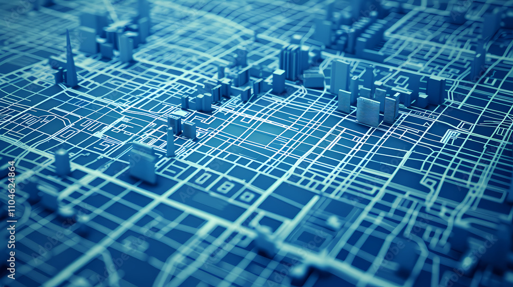 Poster abstract cityscape: a stylized 3d rendering of a city map, showcasing a network of interconnected st
