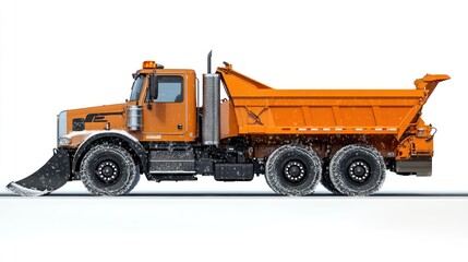 Fototapeta premium Orange dump truck with plow, designed for snow removal and transport.
