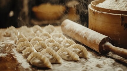 Chinese dumpling preparation scene, flour, rolling pin, filling ingredients, raw dumplings in neat rows 