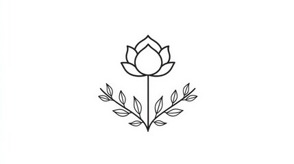 Minimalist Line Art of Lotus Flower with Leaves on White Background